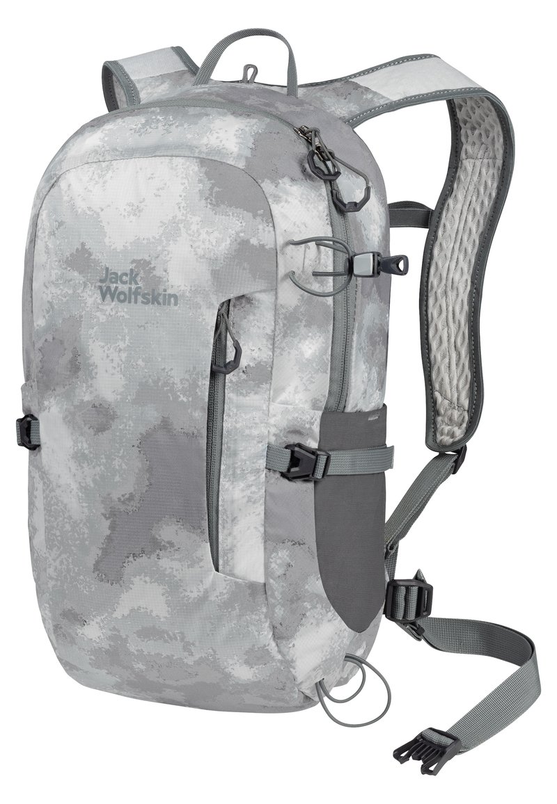 Sac à dos gris camouflage en tissu durable, doté de bretelles rembourrées, de multiples compartiments et de boucles réglables pour un transport sécurisé.