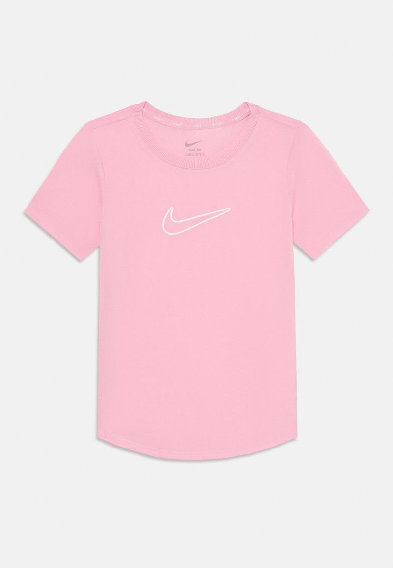 T-shirt Nike rose à manches courtes, col rond, en tissu respirant, avec un logo blanc centré sur le devant.
