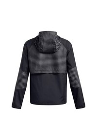 Giacca nera con cappuccio e motivo a griglia bianca sul cappuccio, sulla parte superiore della schiena e nelle sezioni centrali delle maniche, mostrata di schiena su uno sfondo bianco.