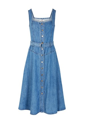 Ærmeløs midikjole i blå denim med firkantet halsudskæring, frontlukning med knapper og matchende bælte i taljen.