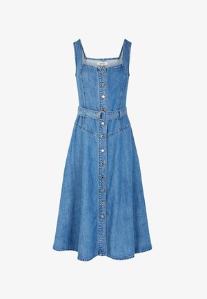 Ærmeløs midikjole i blå denim med firkantet halsudskæring, frontlukning med knapper og matchende bælte i taljen.