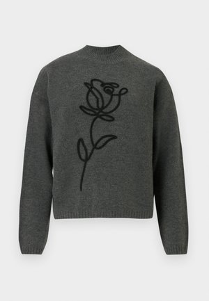 Maglione lavorato a maglia grigio scuro a maniche lunghe con colletto alto e design di rosa nera ricamato al centro frontale.