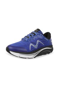 Running shoe with a blue textile upper, silver accents, textured patterns, black lining, and a white and black sole design.