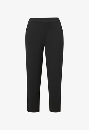 Zwarte rechte broek met hoge taille, een gladde voorkant en een zoom tot op de enkel, geschikt voor formele of professionele gelegenheden.