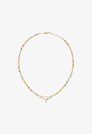 Guldkæde med tre lagdelte kæder, prydet med farverige perler i rød, blå, grøn, gul og hvid. Justerbar lås.