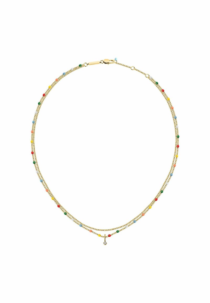 Guldkedja med tre lager av kedjor, prydd med färgglada pärlor i röd, blå, grön, gul och vit. Justerbar lås med stängning.