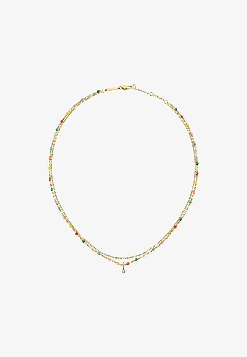 Guldkedja med tre lager av kedjor, prydd med färgglada pärlor i röd, blå, grön, gul och vit. Justerbar lås med stängning.