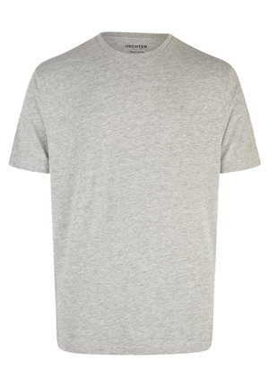 Graues Baumwoll-T-Shirt mit Rundhalsausschnitt, kurzen Ärmeln und kleinem Logo auf der Brust. Weiche Textur, normale Passform und schlichtes Design.