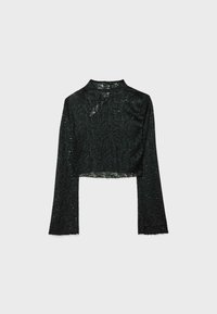 Top corto in pizzo nero con maniche lunghe, motivo floreale intricato, bordi scallopati e colletto alto. Tessuto trasparente con un design aderente.