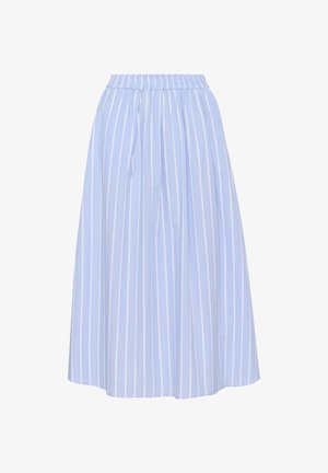 Light blue striped skirt with an elastic waistband, knee-length, made of soft fabric, featuring vertical white stripes and pleated design.