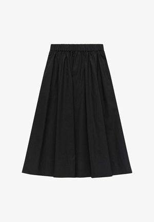 Zwarte, knie-lange rok met een elastische tailleband, met een textuurstof en een geplooid ontwerp, dat een volumineuze vorm creëert.