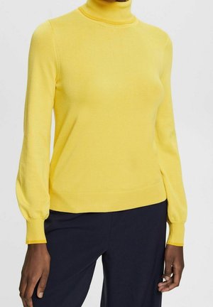 Pull à col roulé jaune, fabriqué en maille fine. Dispose de manches longues et fuselées ainsi qu'une coupe ajustée. Texture lisse, détails minimaux.