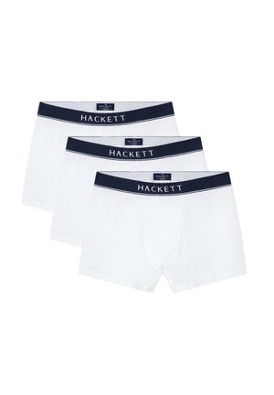 Tri par bijelih bokserica s mornarskoplavim pojasom na kojem se nalazi riječ "HACKETT" u bijelom. Mekani materijal, elastična traka.