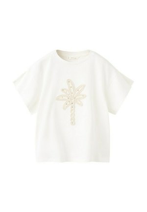 Weißes T-Shirt mit kurzen Ärmeln, Rundhalsausschnitt und einem zentralen, mit Perlen verzierten Palmenmotiv in Beige- und Goldtönen.