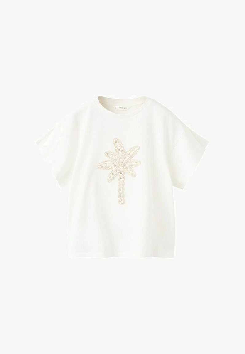 T-shirt bianca a maniche corte con collo rotondo e design centrale di palma decorata con perline in tonalità beige e oro.
