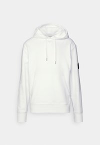 Vit hoodie med känguruficka, justerbar huva med snodd, ribbade muddar och en logotypapplicering på vänster ärm. Mjukt tyg och enkel design.