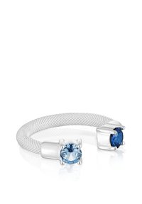 Srebrna bransoletka z siateczki z dwoma okrągłymi niebieskimi kryształami na każdym końcu. Tekstura jest gładka z polerowanym wykończeniem.