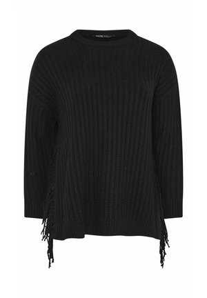 Maglione nero a coste con scollo rotondo, maniche a tre quarti e dettagli con frange lungo l'orlo inferiore.