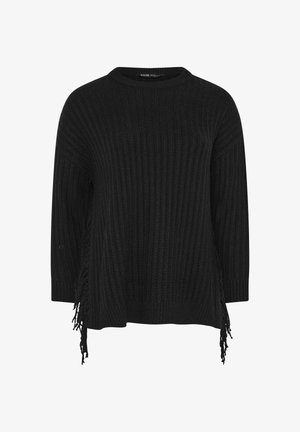 Maglione nero a coste con scollo rotondo, maniche a tre quarti e dettagli con frange lungo l'orlo inferiore.