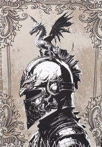 Gráfico con temática de dragón que presenta un casco de caballero con un dragón posado en la parte superior. El casco es negro con escamas detalladas y acentos rojos.