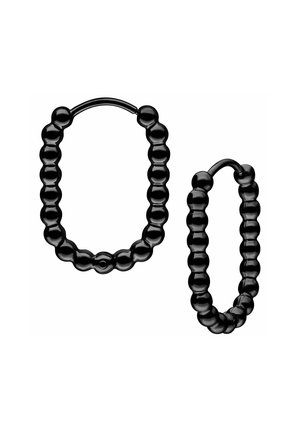 Zwei schwarze elastische Haargummis mit Kugelperlen. Der größere Haargummi hat eine ovale Form, während der kleinere ein rundes Design hat. Glatte Oberfläche.