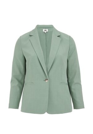 Světl zelený blazer z texturované tkaniny. Obsahuje zapínání na jeden knoflík, klopové límce a dvě přední kapsy. Délka rukávu je 3/4.