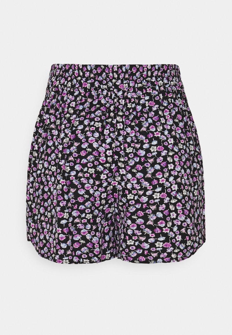 Černé šortky se květinovým vzorem v odstínech fialové, modré a bílé, s elastickým pasem a volnějším střihem.
