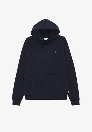Marineblå bomulls-sweatshirt med hette, snor, frontlomme og liten hvit logo "II" på brystet. Ribbestrikkede mansjetter og kant.