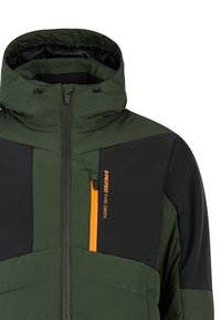 Giacca verde e nera con colletto alto, chiusura con zip e tasca arancione a contrasto. Realizzata in materiale resistente e leggero.
