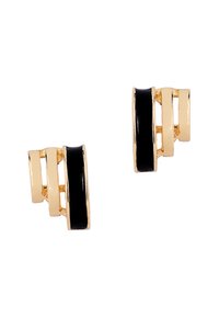 Pendientes en tono dorado con un diseño geométrico que presenta tres barras verticales y un acento horizontal de esmalte negro. Superficie suave y brillante.