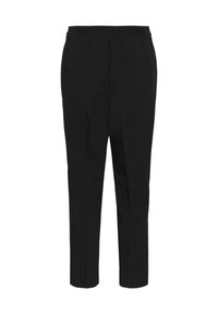 Schwarze Hosen mit einem dehnbaren Bund, geradem Beinform-Design, zwei Gesäßtaschen und einer glatten Textur, geeignet für Freizeit- oder formelle Anlässe.