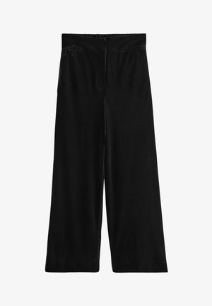 Pantalons larges noirs en tissu doux et lisse, avec une taille haute et une couture avant nette. Ne comporte pas de poches ni d'ornements.