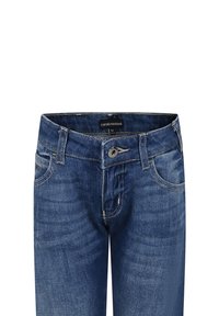 Diepblauwe denim jeans met een rechte snit, vijf zakken ontwerp, ritssluiting en metalen knoopsluiting. Bevat vervaagde gebieden en contrasterende stiksels.