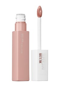Matowy płynny błyszczyk Maybelline Super Stay Matte Ink w prostokątnej, różowo-złotej tubce z białym aplikatorem i miękkim końcówkowym pędzelkiem.
