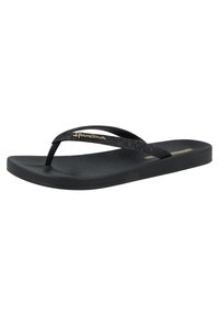 Schwarze Flip-Flops aus strukturiertem Gummi mit einem eleganten Design, das einen glitzernden schwarzen Riemen und ein goldfarbenes Logo-Detail auf der Sohle präsentiert.