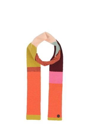 Scarf lavorato a maglia con blocchi di colore multipli in arancione, rosa, verde e bordeaux. Texture morbida e forma arrotondata con un dettaglio a bottone scuro.