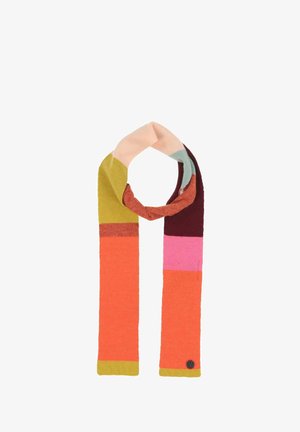 Knitted scarf with multiple color blocks in orange, pink, green, and burgundy. Soft texture and a rounded shape with a dark button detail.