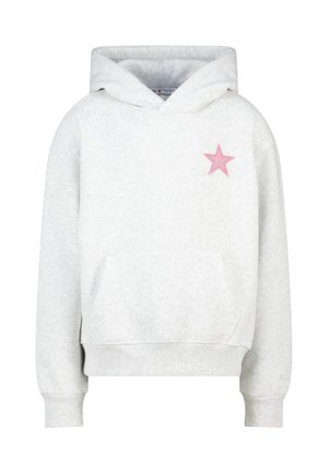 Lichtgrijze hoodie van een katoenmix, met een roze ster borduursel op de linkerborst, een voorzak en geribbelde manchetten.