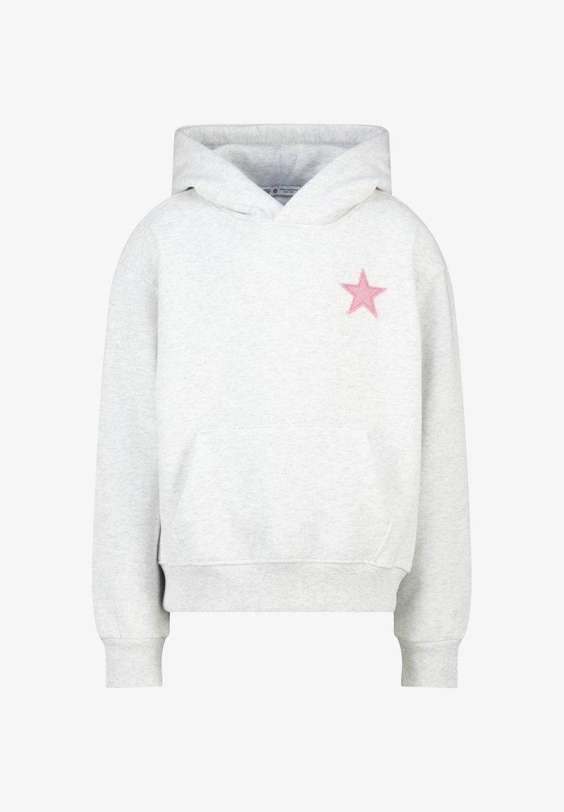 Felpa grigia chiara in misto cotone, con ricamo a forma di stella rosa sul lato sinistro del petto, tasca frontale e polsini a costine.