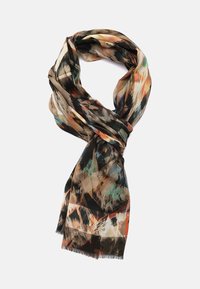 Sciarpa trasparente multicolore con motivo astratto in tonalità terra, con bordi frangiati e una texture leggera e morbida.