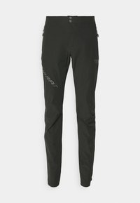 Zwarte buitenbroek van lichtgewicht, gladde stof. Voorzien van ritszakken en een minimalistisch logo detail langs de zijkant.