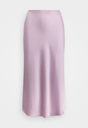 Satin-Midi-Rock in Hellpink, mit glatter Textur, schlanker Silhouette und weitem Saum. Keine sichtbaren Beschläge oder Muster.