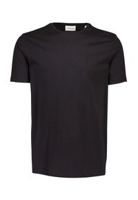 Mustat puuvillapaita, jossa on pyöreä kaula-aukko ja lyhyet hihat, suoran leikkauksen ja minimaalisten yksityiskohtien kanssa.