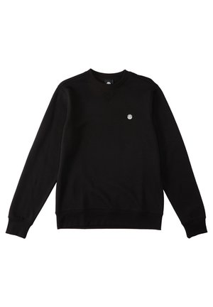 Black sweatshirt made of soft fabric, featuring a crew neck and ribbed cuffs. Displays a small, round logo on the left chest area.