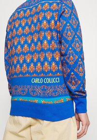 Felpa blu con un dettagliato motivo arancione, polsini a coste e una banda con logo che riporta "CARLO COLUCCI" in verde. Tessuto morbido e testurizzato.