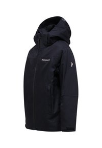 Giacca impermeabile blu navy con colletto alto, cappuccio regolabile e tasche con zip. Presenta un logo sul petto e sulla manica. Tessuto liscio, vestibilità slim.