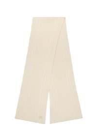 Bufanda de marfil con textura de punto de cable, presenta un acento de marca pequeño. Forma rectangular, hecha de una tela suave.