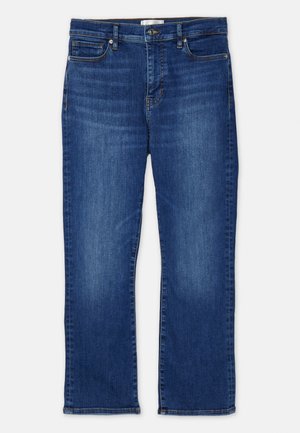 Blue denim jeans with a straight cut, featuring five pockets, a button closure, and subtle fading on the legs. Topstitched seams and hem.
