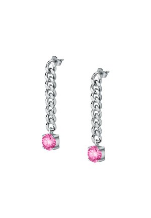 Orecchini a goccia in argento con pietre rotonde rosa, che presentano un design elegante con una finitura lucida e una chiusura a perno sicura.