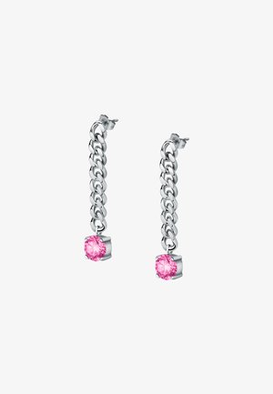 Orecchini a goccia in argento con pietre rotonde rosa, che presentano un design elegante con una finitura lucida e una chiusura a perno sicura.